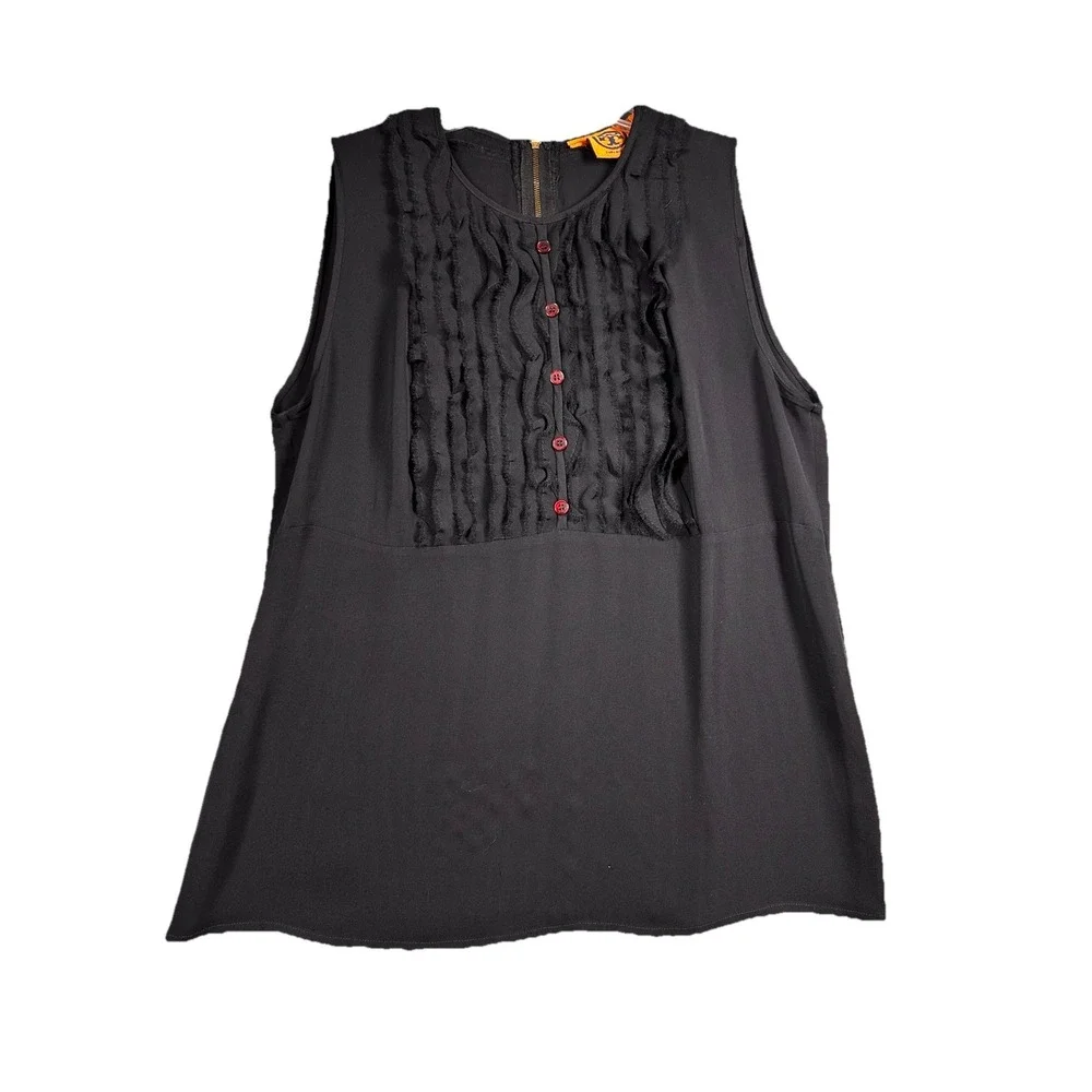 Tory Burch Silk Sleeveless Button Down‎ Ruffle Blouse sz 8 Black